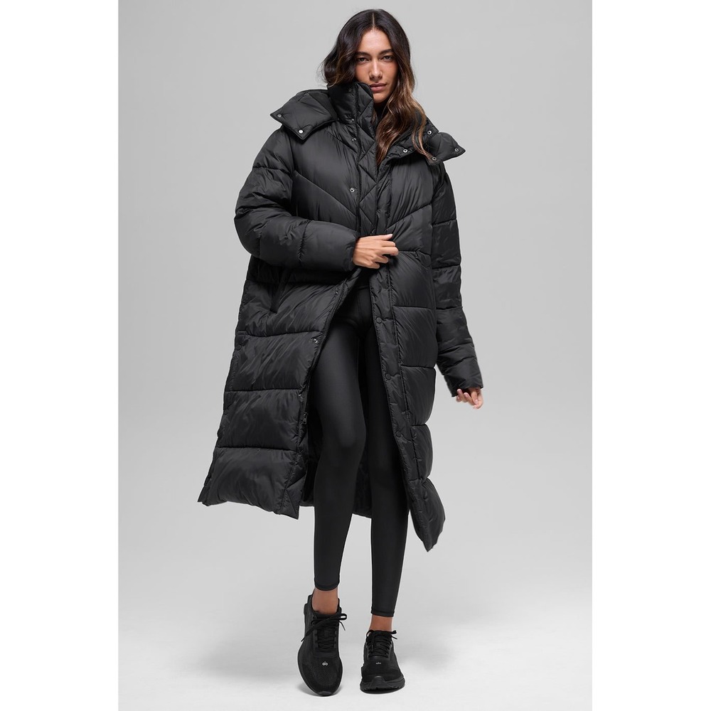 Alo Gold Rush Puffer Trench Coat Longline Parka Unisex XL Black Winter Jacket